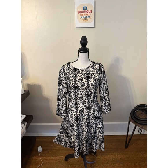Anthropologie Skies Are Blue Flocked Damask Black & Cream Dress Medium - Picture 2 of 8